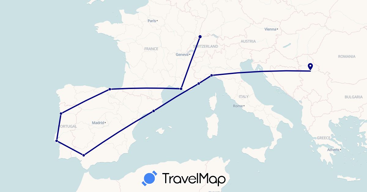 TravelMap itinerary: driving in Switzerland, Spain, France, Italy, Monaco, Portugal, Serbia (Europe)