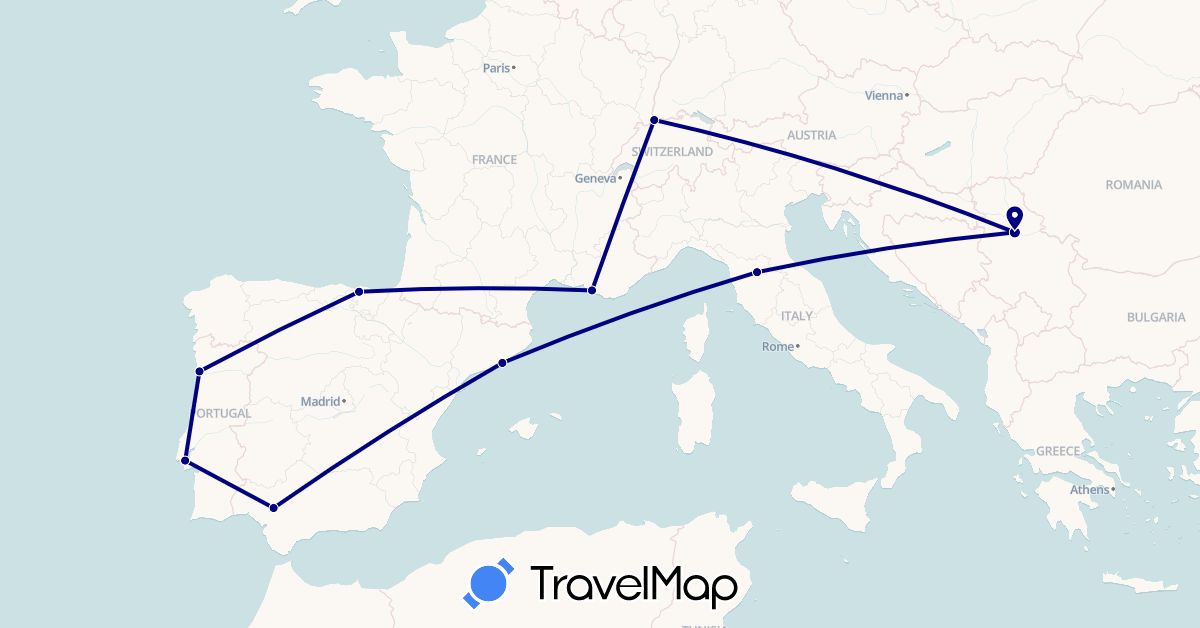 TravelMap itinerary: driving in Switzerland, Spain, France, Italy, Portugal, Serbia (Europe)